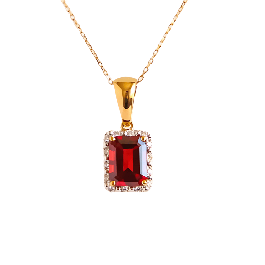 18k yellow gold garnet and diamond pendant, elegant gemstone jewelry.