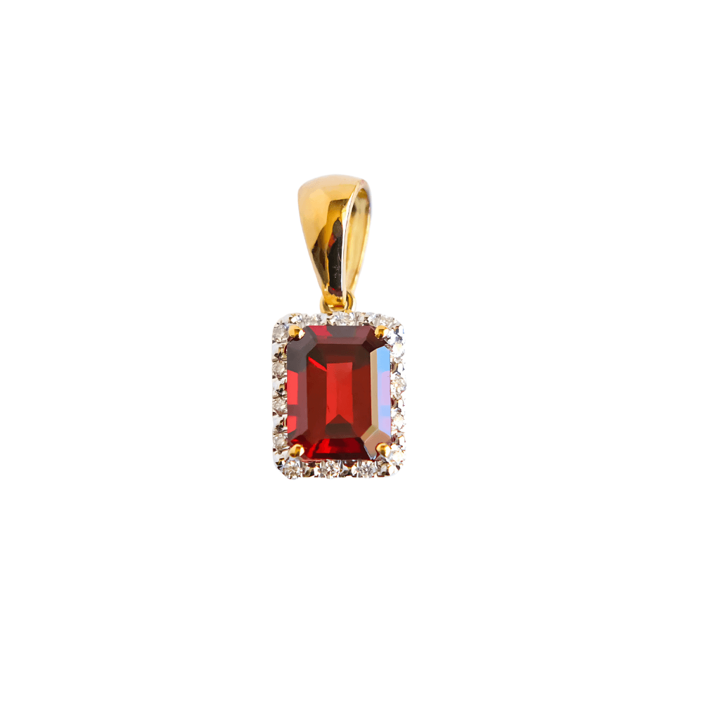 18k Gold Garnet and Fine Diamond Pendant with Yellow Gold Setting