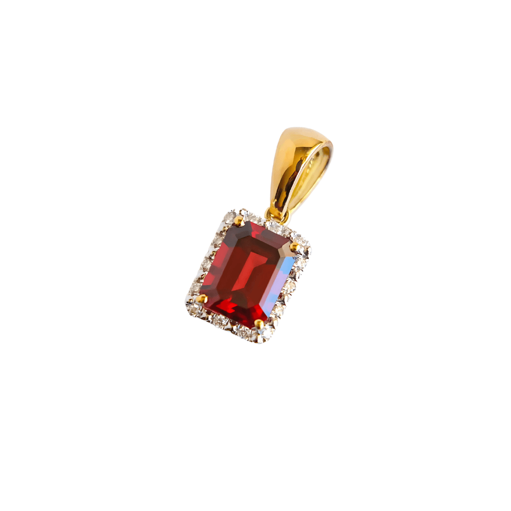 18k Gold Garnet and Fine Diamond Pendant with red gemstone and surrounding diamonds on a white background.