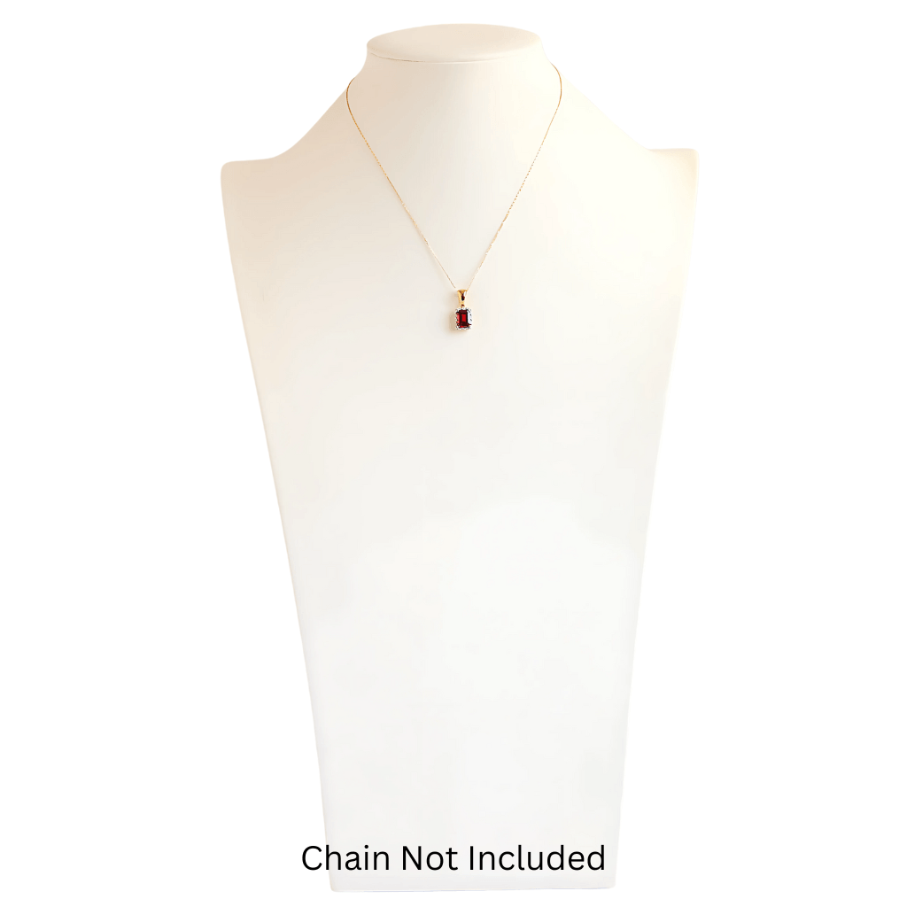 18k Gold Garnet and Fine Diamond Pendant on display stand, chain not included.