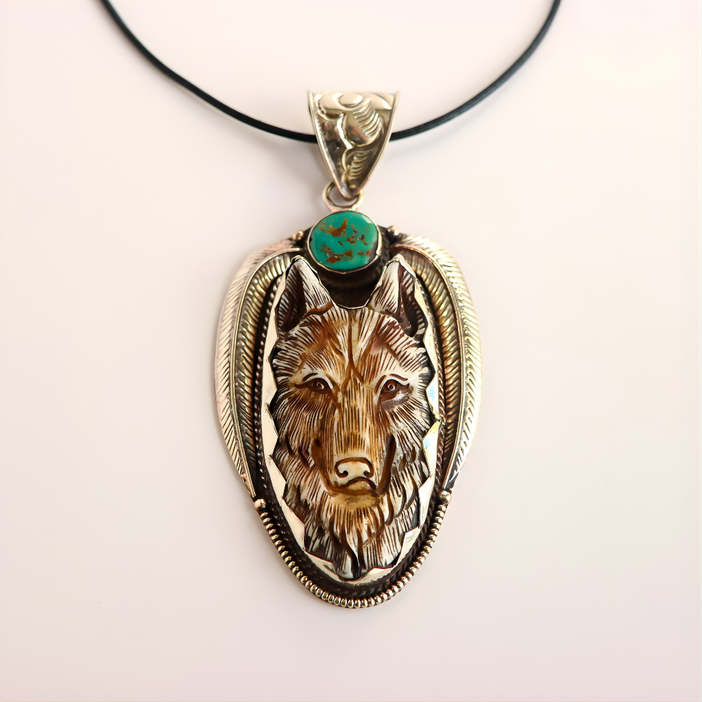 Wolf necklace with turquoise stone on a white background