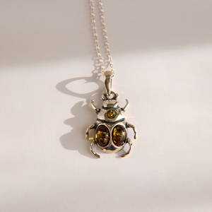 Baltic Green Amber Beetle Necklace in Sterling Silver