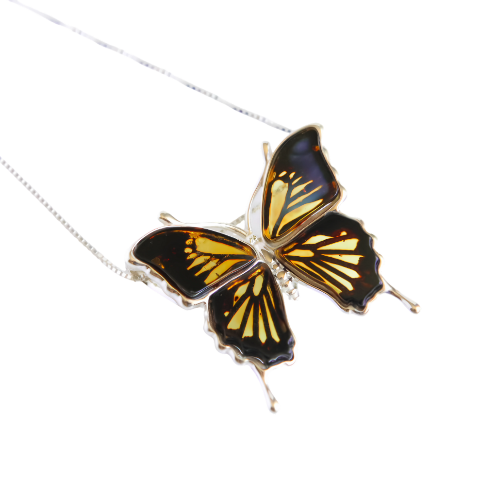 Baltic amber butterfly necklace in 925 sterling silver with lemon and black pattern.