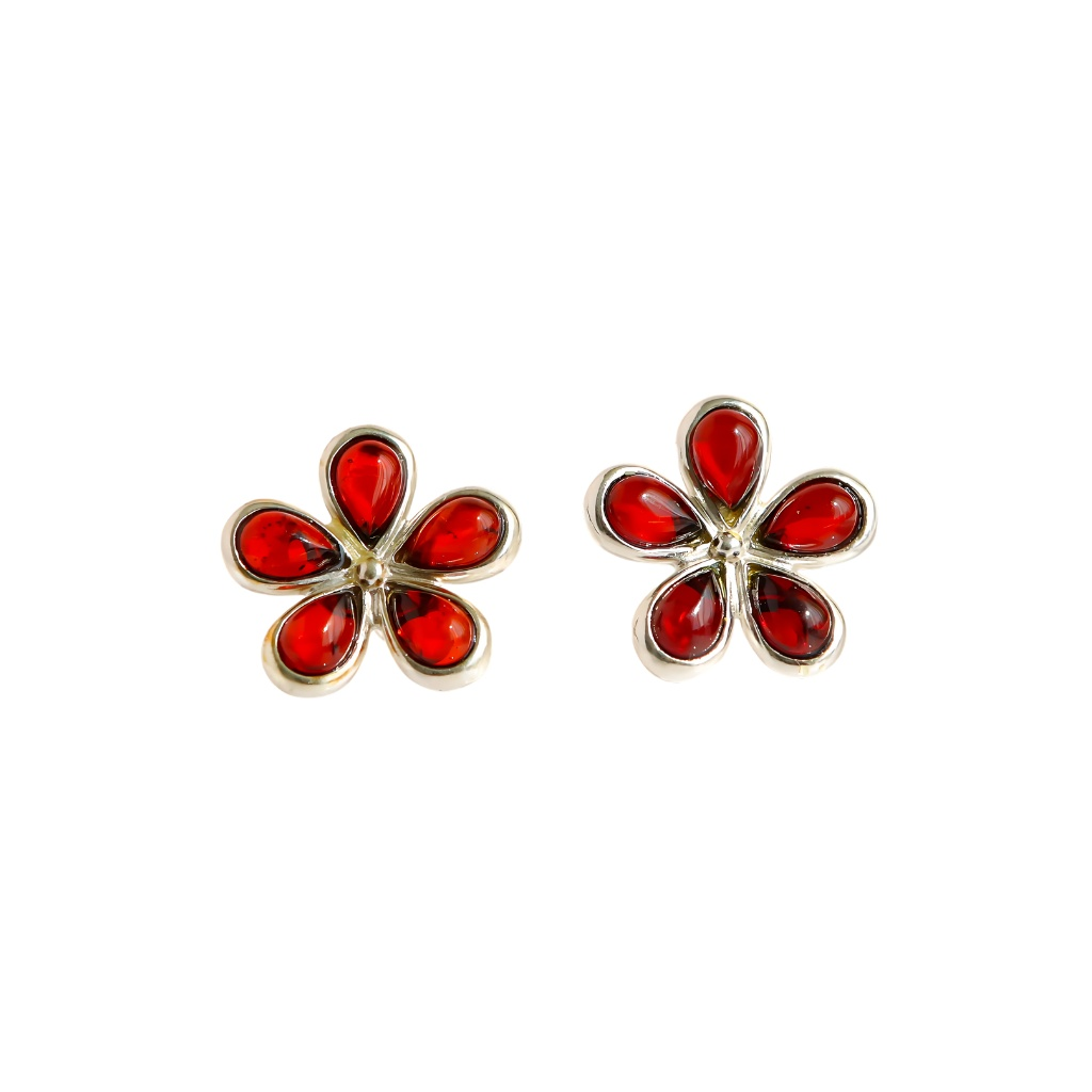 Baltic Cherry Amber Daisy Stud Earrings in 925 Sterling Silver with floral design.