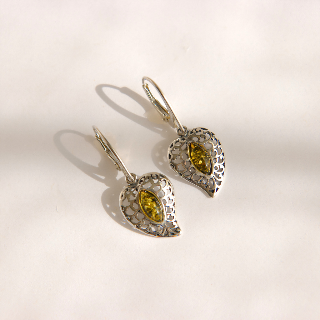 Baltic Green Amber Heart Earrings in Sterling Silver