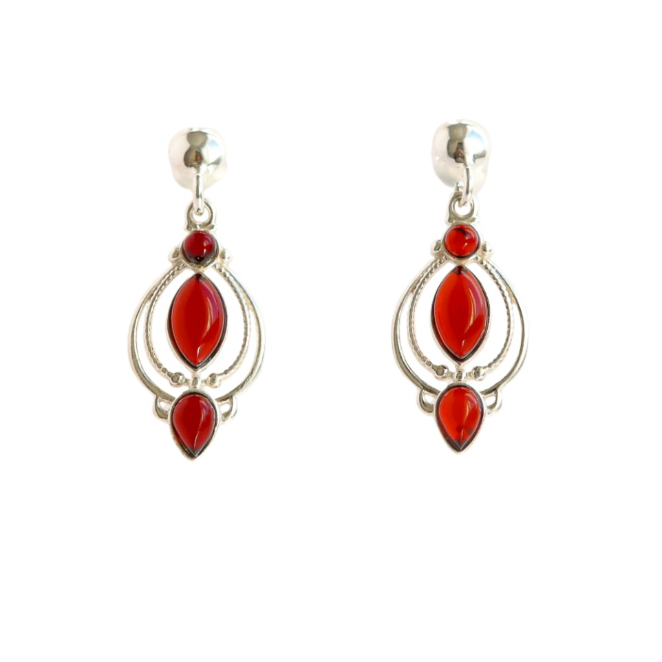 Baltic Cherry Amber Victorian style dangle earrings in 925 sterling silver.