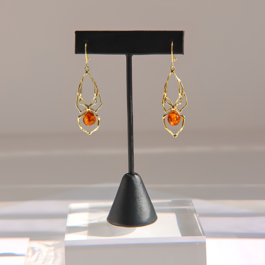 Baltic Amber Spider Earrings in Gold-Plated Sterling Silver