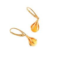 Gold Amber Earrings Baltic amber claw dangle earrings in 14k gold-plated sterling silver, showcasing butterscotch amber.