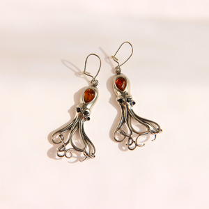 Baltic Amber Octopus Dangle Earrings in Sterling Silver