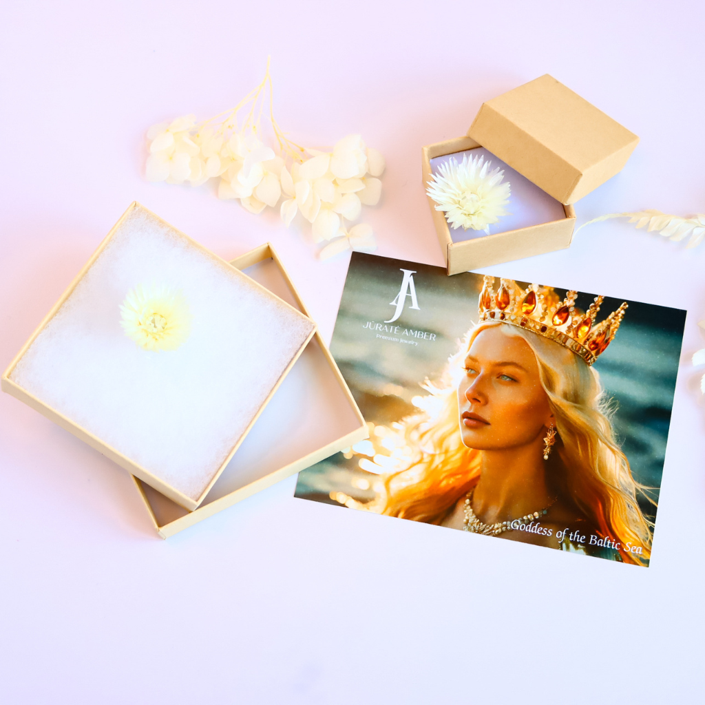 Lithuanian Baltic Butterscotch Amber Ring in s925 packaging with a postcard featuring Baltic Sea goddess theme.