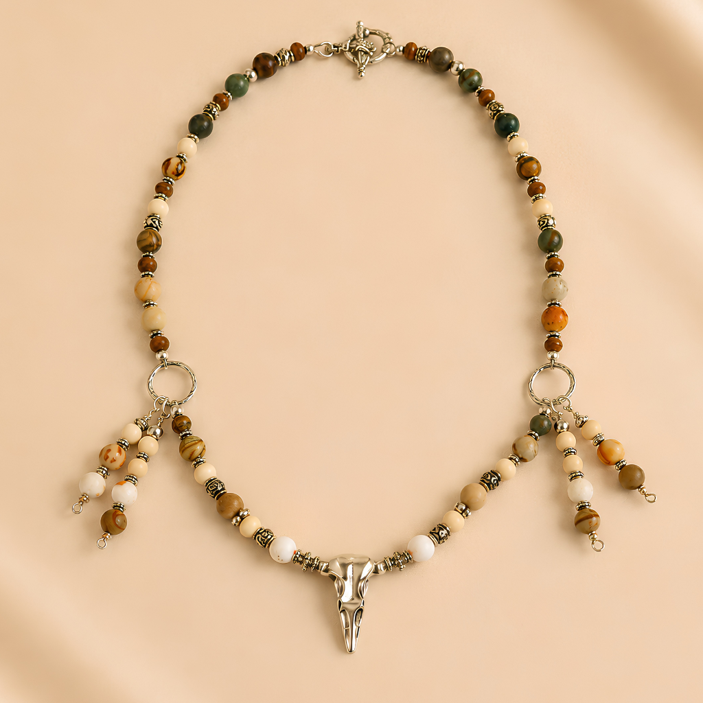 raven skull necklace on a beige background