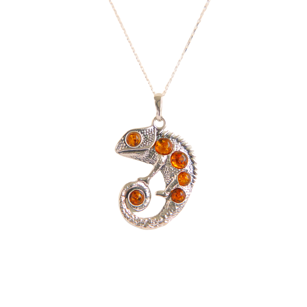 Baltic Amber Chameleon Pendant Necklace in 925 Sterling Silver