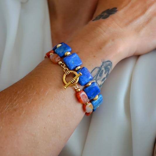 lapis bracelet and fire agate stackable. gold plated