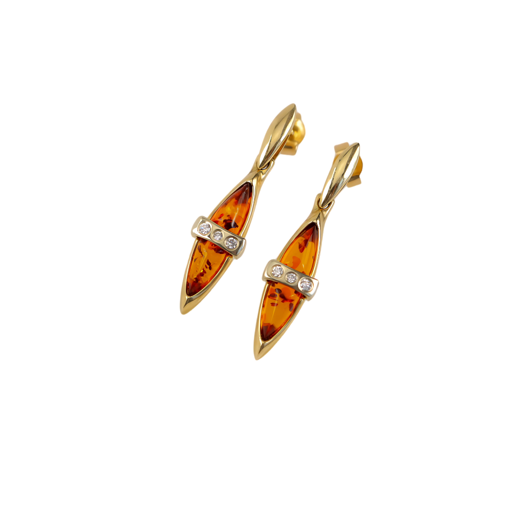 Lithuanian Baltic Amber and Diamond Earrings in 14k Gold