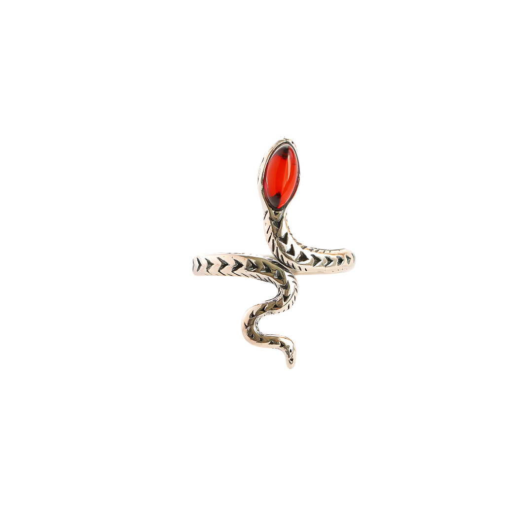 Adjustable Silver Snake Ring| Cherry Baltic Amber| 925 Sterling Silver