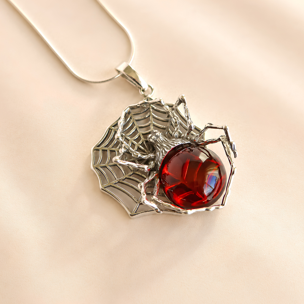 Spider amber necklace with red gem and silver web design on a beige background