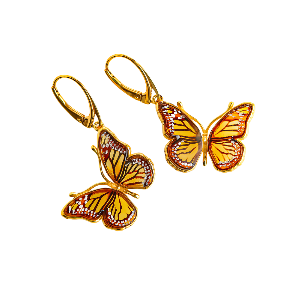 Genuine Baltic amber gold butterfly earrings in 14k gold plated sterling silver.