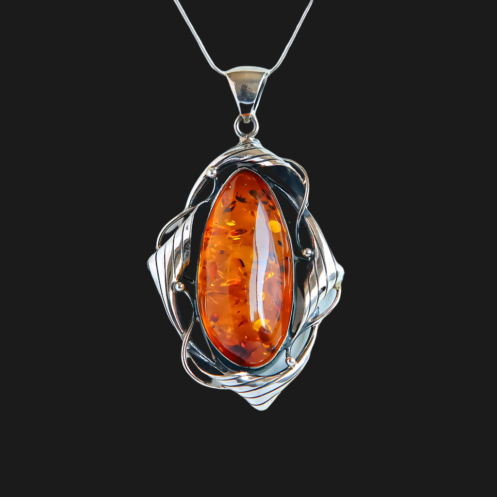 Natural Baltic Cognac Fire Amber Handmade Pendant Necklace