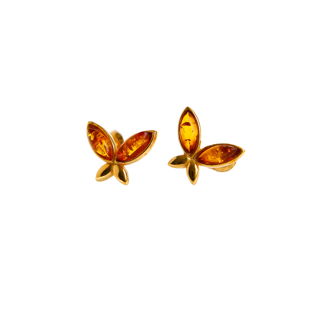 Baltic amber gold butterfly earrings with 14k gold plating.