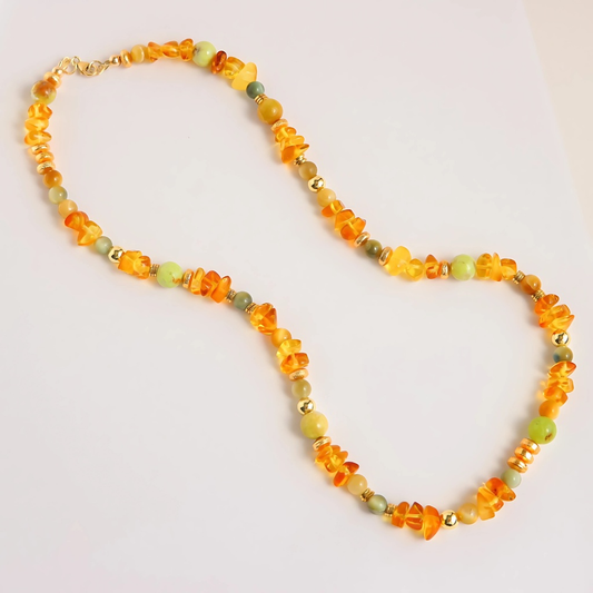 Handmade Baltic Lemon Amber and Green Opal Necklace with Gold Tiger's Eye, 19 inches, unique design.