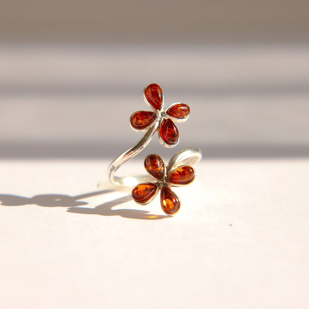 Baltic Amber Flower Ring in Sterling Silver