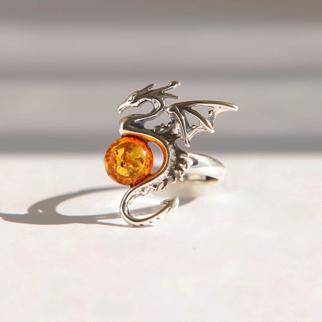 Baltic Amber Dragon Ring in Sterling Silver