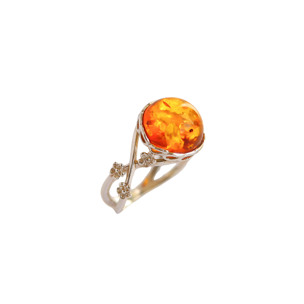 Baltic cognac amber flower ring in 925 sterling silver with intricate floral accents.