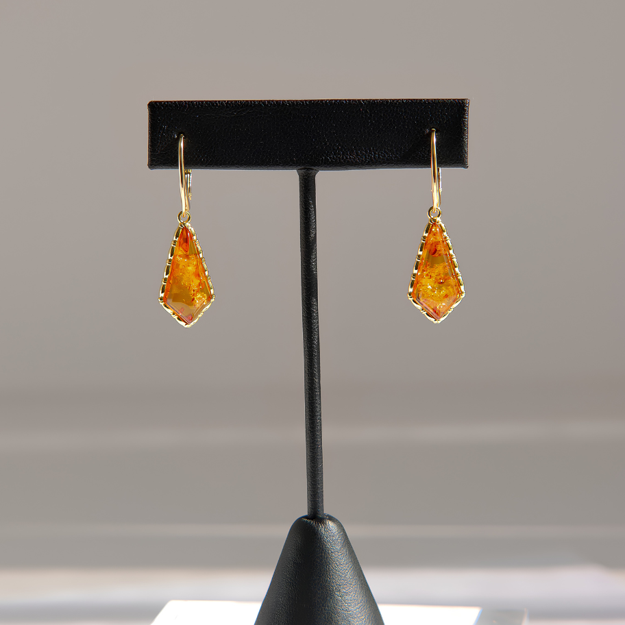 Cognac Baltic Amber Gold Dangle Earrings in Sterling Silver