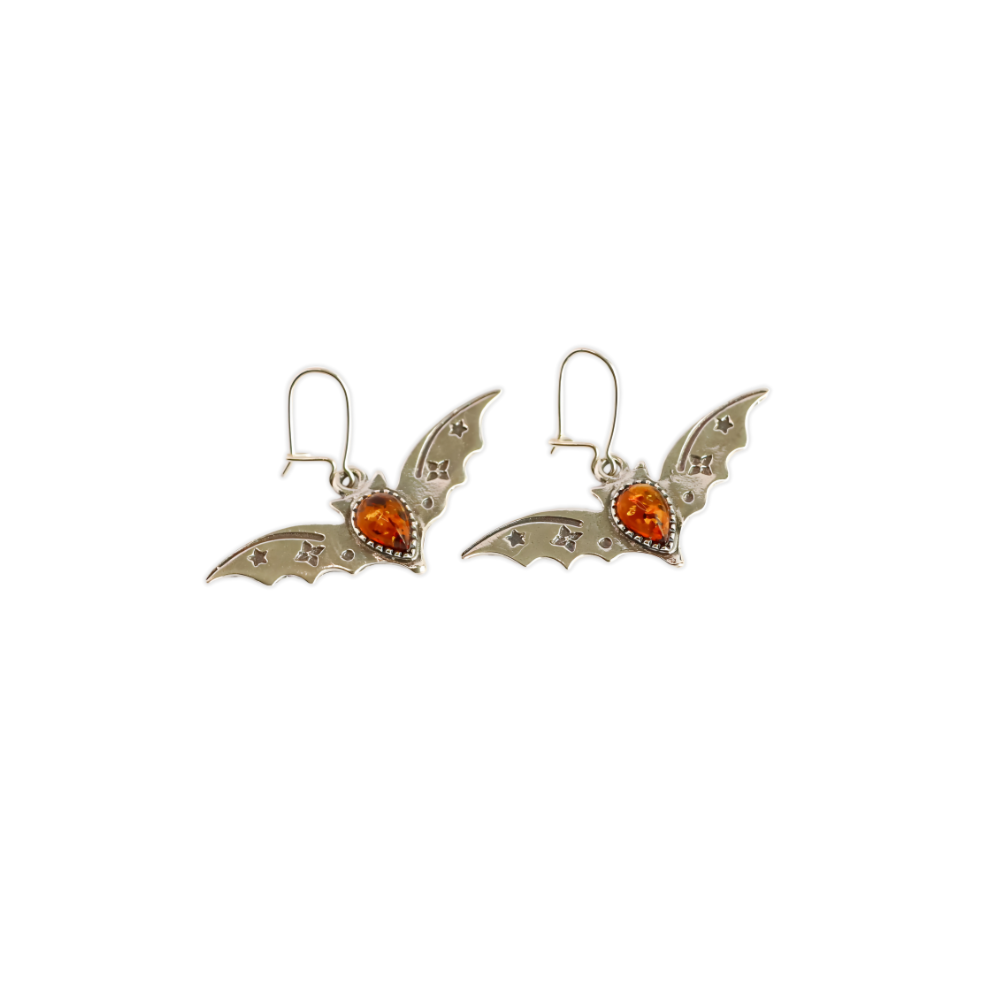 Natural Baltic Cognac Amber Luxury Bat Earrings in 925 Sterling Silver