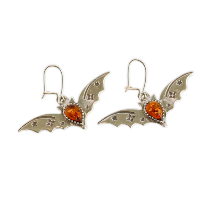 Natural Baltic Cognac Amber Luxury Bat Earrings in 925 Sterling Silver