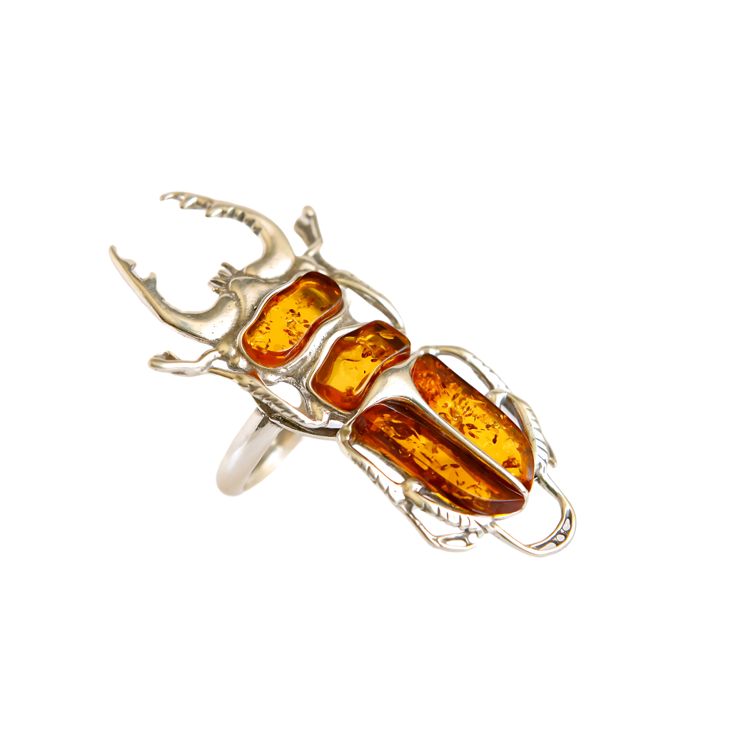Baltic Amber Scarab Ring in 925 Sterling Silver with Cognac Amber.
