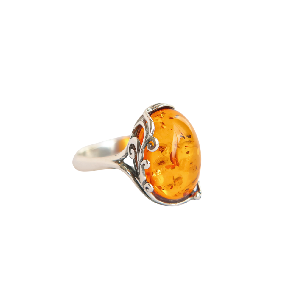 Baltic amber ring with cognac stone in 925 sterling silver, Victorian era design.