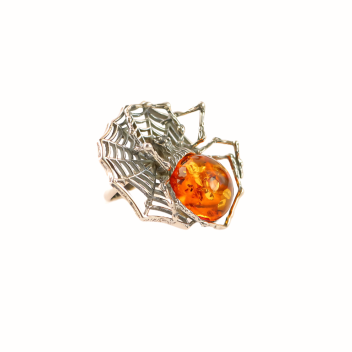 Natural Baltic Cognac Amber Adjustable Spider Statement Ring in 925 Sterling Silver