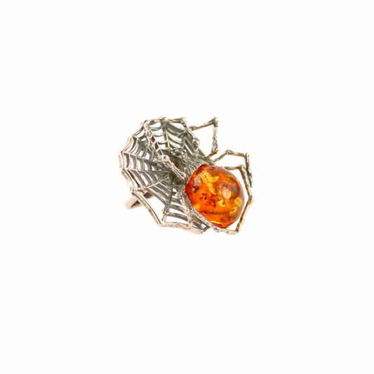 Natural Baltic Cognac Amber Adjustable Spider Statement Ring in 925 Sterling Silver