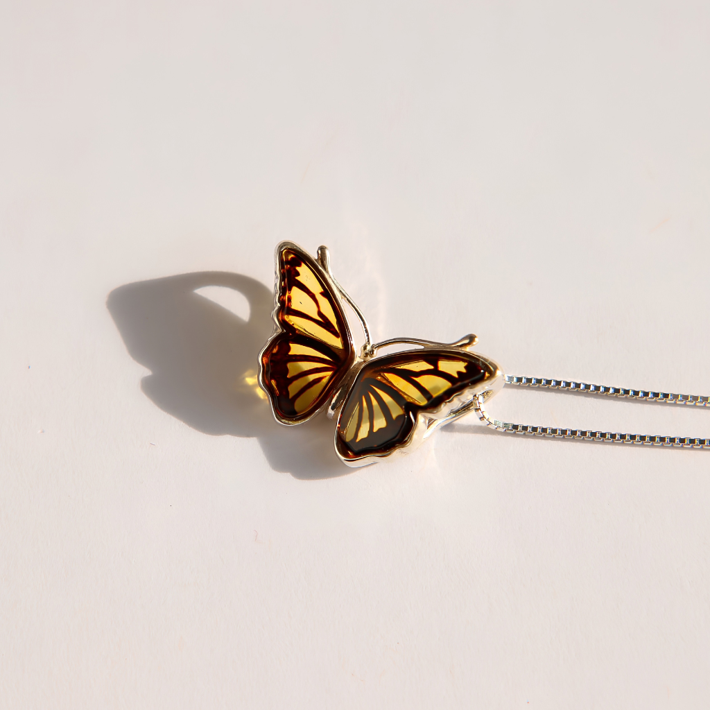 Baltic Amber Butterfly Necklace in Sterling Silver