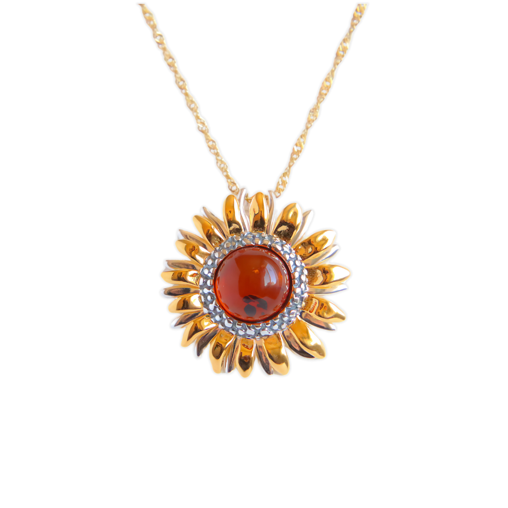 Baltic Amber Flower Pendant Necklace| 14k Gold Plated s925