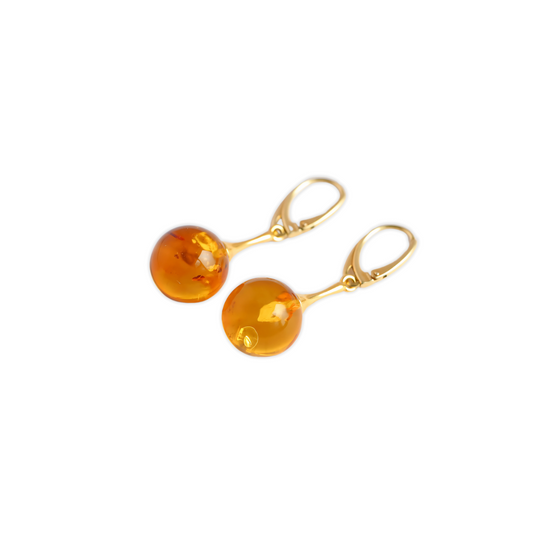 Gold Dangle Earrings| Lithuanian Amber Sphere Modern Earrings