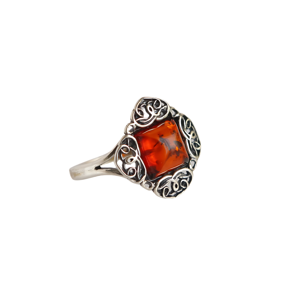 Baltic Cherry Amber Celtic Ring in 925 Sterling Silver with Cushion Cut Gemstone