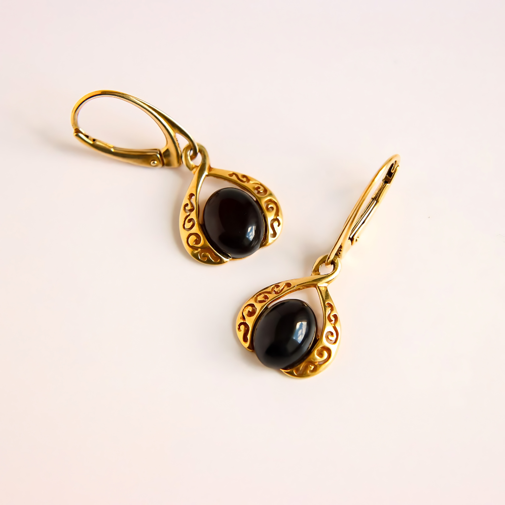 Victorian Gold Earrings-Genuine Cherry Amber in Gold Plated 925 Silver