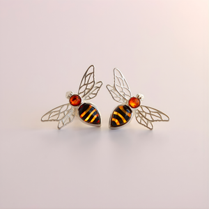 Amber Earrings Bumble Bee Sterling Silver Studs