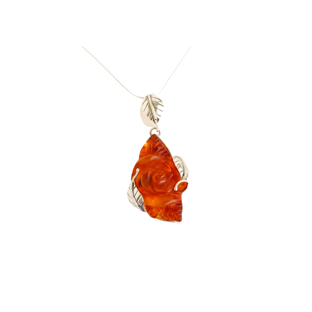 Natural Baltic Cognac Amber Hand-Carved Rose Pendant Necklace in 925 Sterling Silver