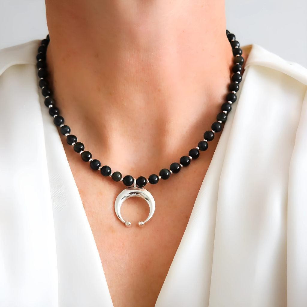 Crescent Moon Choker Necklace | Blue Tiger's Eye Gemstone and Silver