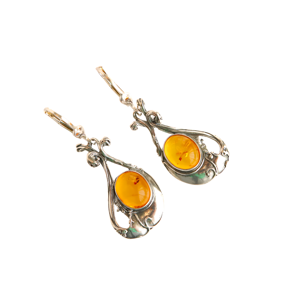 Antique design Baltic amber dangle earrings in 925 sterling silver.