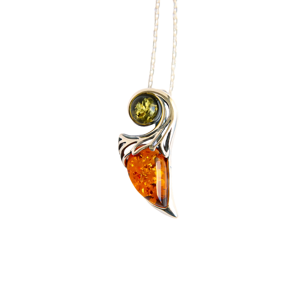 Baltic amber necklace - dagger pendant with cognac and green amber set in 925 sterling silver on a 16-inch chain