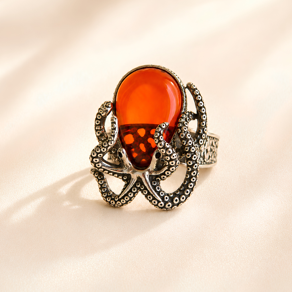 Sterling Silver Octopus Ring With Baltic Cherry Amber