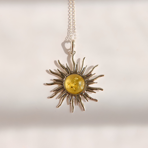 Lemon Baltic Amber Sun Pendant in Sterling Silver