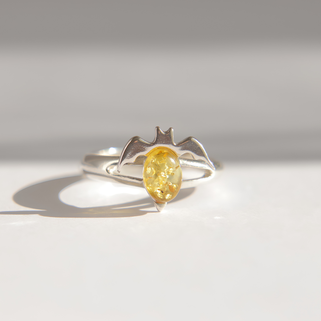 Lemon Baltic Amber Bat Ring in Sterling Silver