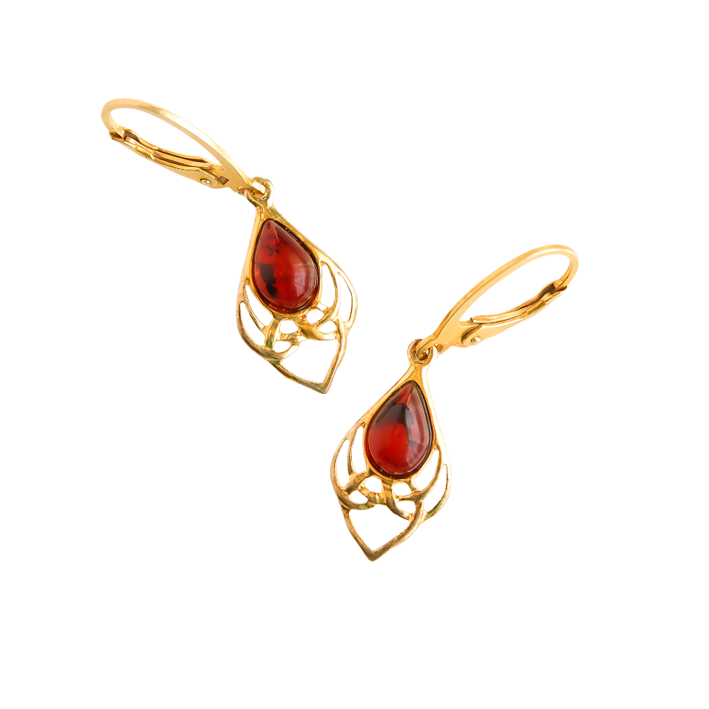 Baltic Cherry Amber antique earrings with pear-cut gemstones in tarnished 14k gold plated filigree design.