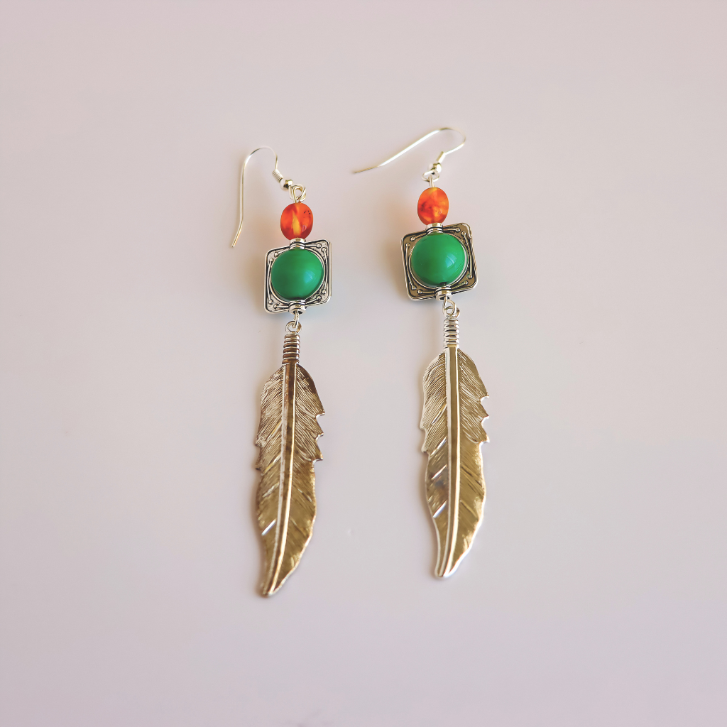 Feather Drop Earrings With Turquoise And Baltic Amber