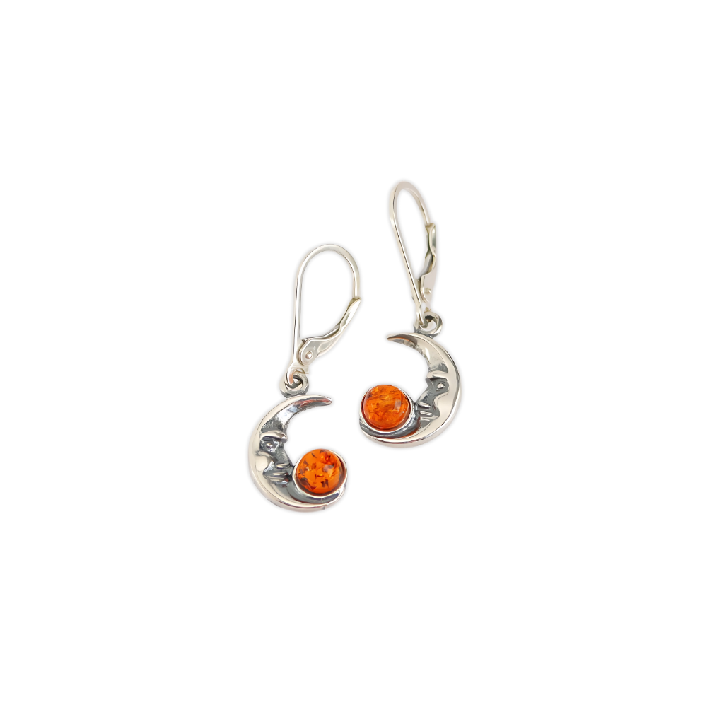 Crescent Moon Earrings|Genuine Baltic Amber|.925 Sterling Silver